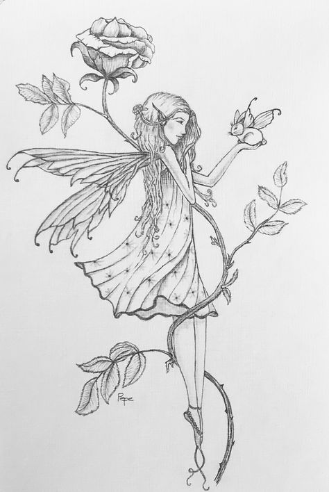 Fairy Line Drawing, Fairy Holding Flower Tattoo, Fairy On A Flower Tattoo, Fairy Sitting On Flower Tattoo, Rose Fairy Drawing, Dainty Fairy Drawing, Fairy Sketch, Fairy Tattoo, New Tattoos