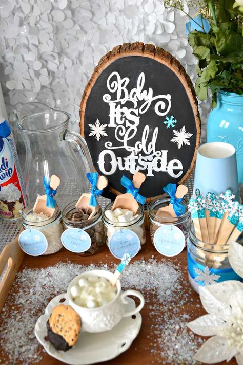 Hot cocoa bar at a Frozen birthday party! See more party planning ideas at CatchMyParty.com! Frozen Hot Chocolate Bar, Frozen Birthday Decorations, Frozen 3rd Birthday, Disney Birthday Party Ideas, Hot Chocolate Party, Winter Wedding Planning, Hot Chocolate Cocoa, Frozen Hot Chocolate, Disney Birthday Party