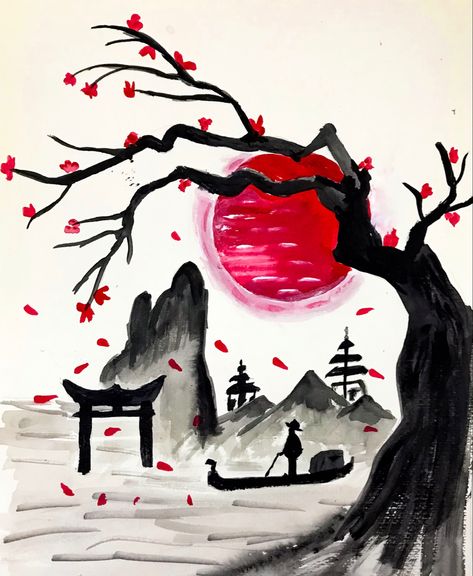 Tree And Moon Drawing, Japanese Red Moon Tattoo, Sakura Tree Painting, Sakura Tree Art, Cherry Blossom Drawing, Black Canvas Paintings, Japanese Tree, Sakura Art, Chinese Landscape Painting