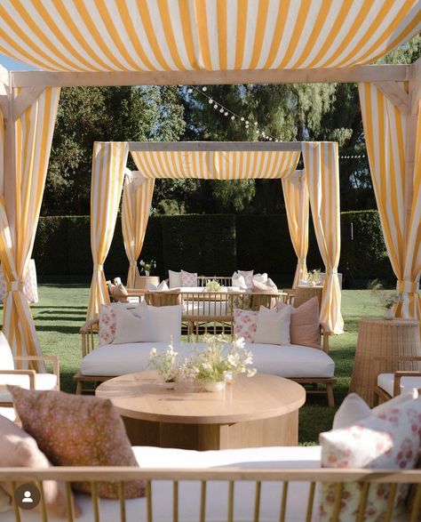 Gazebo Party Decorations, Wedding Cabana Decor, Backyard Tent Engagement Party, Outdoor Party Seating, Yellow Garden Party, Outdoor Event Lounge Seating, Sangeet Lawn Decor, Rattan Chandelier Wedding Tent, Kate Thompson