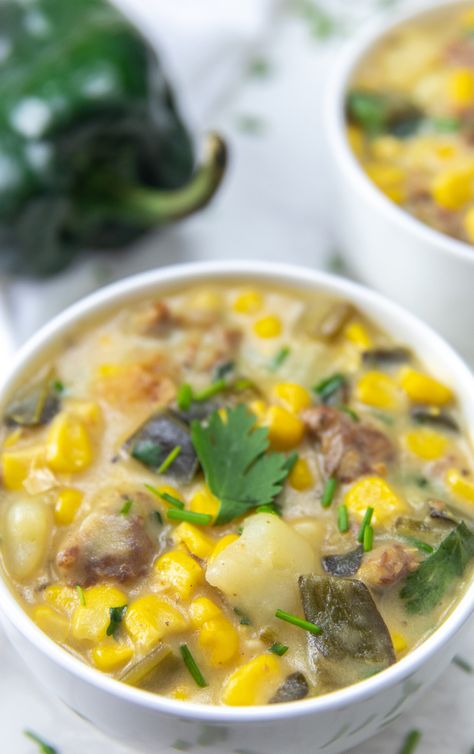 Sausage Corn And Poblano Chowder, Corn And Poblano Chowder, Roasted Poblano Corn Chowder, Poblano Chowder, Chicken And Roasted Poblano Soup, Poblano Corn Chowder, Italian Sausage Potatoes, Corn And Poblano, Bisque Recipes