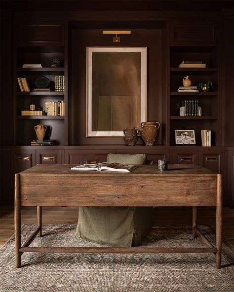 dark-and-moody-home-office-2 Brown Shelves Living Room, Dark Brown Built Ins, Moody Built Ins, Dark Moody Office Home Office, Built In Office Desk And Cabinets, Dark Brown Office, Decorating With Brown, Moody Home Office, Moody Office