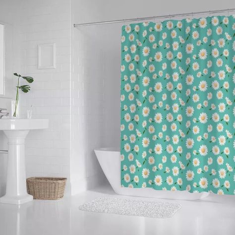 Cute Bathroom Decor, Bath Shower Curtain, Cute Bathroom, Cottagecore Home, Green Daisy, Curtains With Rings, Shower Curtain Rings, Plastic Hooks, Bleu Turquoise