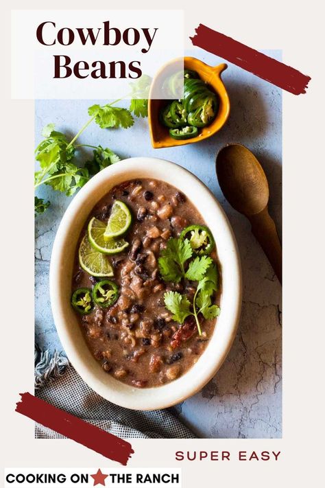 Frijoles Rancheros, Pinto Beans simply cooked in the crock pot with bacon and Southwestern Mexican Flavors. A delicious, easy and healthy side dish for your slow cooker. Crockpot Frijoles, Slow Cooker Cowboy Beans, Frijoles Rancheros, Cowboy Baked Beans, Beans With Bacon, Southwestern Recipes, Cowboy Beans, Mexican Chicken Recipes, Jalapeno Peppers