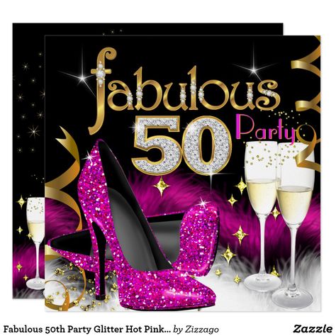 Fabulous 50th Party Glitter Hot Pink Champagne Invitation Black Gold Birthday Party, 50th Birthday Themes, Black Birthday Party, Fabulous 50, Moms 50th Birthday, 50th Birthday Party Decorations, Elegant Birthday Party, 50th Birthday Invitations, 50th Birthday Cake