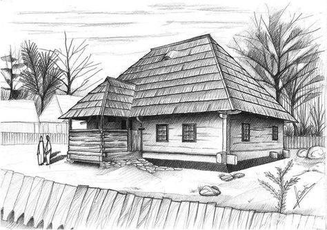 Pencil drawing of an old Romanian home, located in the Village Museum, in Bucharest Old Village Drawing, Village House Drawing, Old House Drawing, Sketch Pencil Drawings, Architectural People, Romanian House, Houses Traditional, Old House Design, Village Drawing