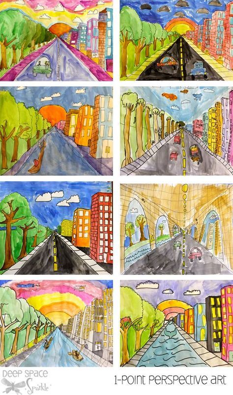 Struggling with teaching one-point perspective? This drawing lesson is super easy and offers lots of opportunity for your students to be creative and expressive. Arte Jazz, Classe D'art, 6th Grade Art, 4th Grade Art, 5th Grade Art, 3rd Grade Art, Art Night, Art Lessons For Kids, Ecole Art