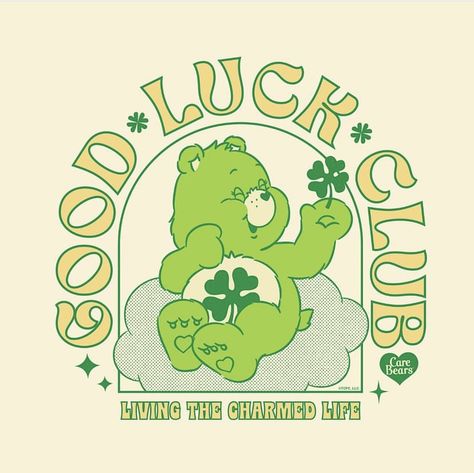 Care Bears Lucky Bear, Good Luck Bear Wallpaper, Cute Bear Design, Lucky Care Bear Aesthetic, Lucky Illustration, Teddy Bear Poster, Postcard Poster, Care Bear Tattoos, Tee Sticker