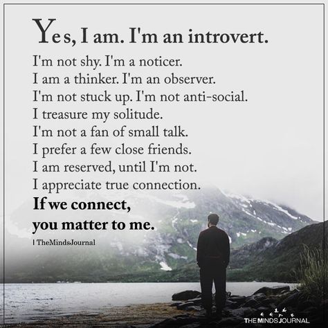 Yes, I am. I'm an introvert.I'm not shy. I'm a noticer. I am a thinker. I'm an observer. I'm not stuck up. I'm not anti-social. I treasure my solitude. Personalidad Infj, Introvert Personality, Introvert Quotes, Behind Blue Eyes, Motivation Positive, Vie Motivation, Going Solo, Personality Type, Spiritual Development