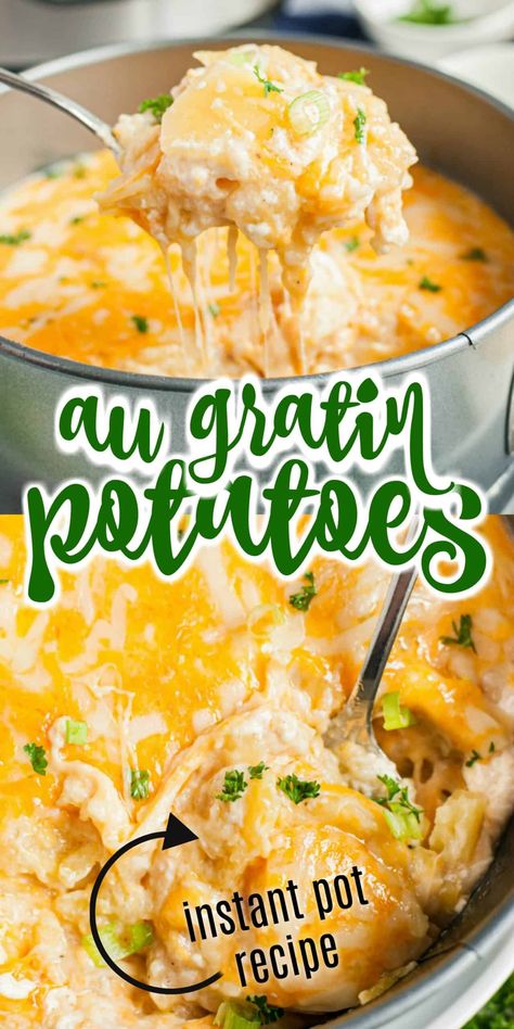 Creamy and cheesy Au Gratin Potatoes are easier to make than ever! Try these Instant Pot Au Gratin Potatoes next time you need a delicious side dish that the whole family loves. Instapot Potatoes Au Gratin, Instant Pot Potato Side Dishes, Instant Pot Augratin Potatoes, Au Gratin Potatoes In Instant Pot, Instant Pot Cheese Potatoes, Instant Pot Recipes For Potatoes, Instant Pot Potatoes Au Gratin, Instapot Side Dish Recipes, Instapot Potato Recipes