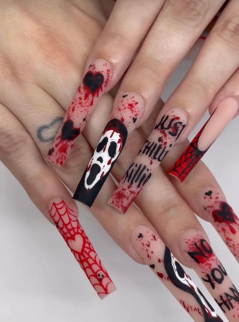 Horror Nails, Holloween Nails, Unghie Nail Art, Halloween Press On Nails, Halloween Acrylic Nails, Cute Halloween Nails, Dope Nail Designs, Unique Acrylic Nails, Long Square Acrylic Nails