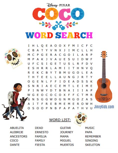 Celebrate Disney•Pixar’s COCO with a free printable COCO Word Search puzzle featuring characters from the film and important themes like family & remember. Coco Classroom Theme, Coco Movie Theme Classroom, Coco Crafts For Kids, Coco Activities For Kids, Coco Themed Activities, Coco Party Games, Coco Movie Coloring Pages, Scraps Crochet, Disney Word Search