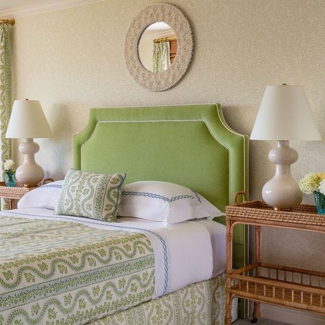 Sister Parish Design on Instagram: “Loving the beachy color palette in this bedroom designed by @shorebird_interiors, featuring our Dolly fabric in Lettuce Green. Tap to shop!…” Beachy Color Palette, Diy Tufted Headboard, Blue Grey Walls, Diy Headboard Upholstered, Beachy Colors, American Interior, Headboard Wall, Diy Headboards, Flipping Houses