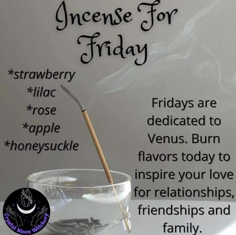 Incense Direction Meaning, Friday Witchcraft, Incense Scent Meaning, Incense Meaning Spiritual, Friday Witch, Friday Magick, Witchy Ingredients, Daily Correspondences, Witch Incense