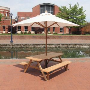 Larchmont teak picnic table with umbrella hole Teak Outdoor Dining Table, Outdoor Picnic Table, Picnic Table With Umbrella, Built In Bench Seating, Table With Umbrella, Outdoor Living Furniture, Country Casual, Picnic Tables, Outdoor Picnic Tables