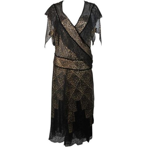 Pre-owned 1920's Custom Black and Gold Lace Velvet Trimmed Draped... ($2,295) ❤ liked on Polyvore featuring dresses, evening dresses, evening gowns, cross dress, lace dress, vintage 1920s dresses, vintage lace cocktail dress and 1920s style dresses 1920s Dress Vintage, Dresses 20s, Roaring 20s Fashion, Vintage Wrap Dress, Style Année 20, 1920s Fashion Dresses, Gowns Vintage, 20s Dresses, 1920s Dresses