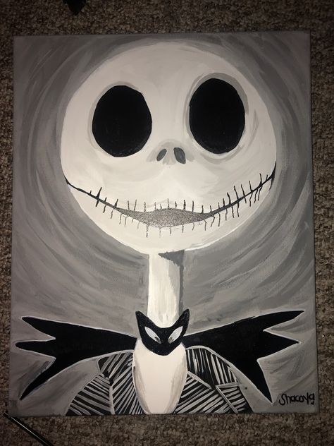 Skeleton Halloween Painting, Jack Skeleton Painting, Jack The Skeleton Painting, Night Mare Before Christmas Paintings, Skeleton Painting Ideas, Skeleton Painting Easy, Jack Skellington Painting, Nightmare Before Christmas Painting, Halloween Canvas Paintings