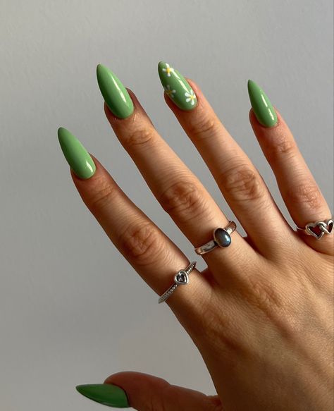 Light Green Nails With Pink Flowers, Green Almond Nails With Flowers, Spring Nails Full Color, Sage Green Almond Nails With Flowers, Mail Ideas Spring, Sage Green Easter Nails, Pastel Green Nails With Flowers, Purple And Green Nails Acrylic Pastel, Pastel Yellow And Green Nails