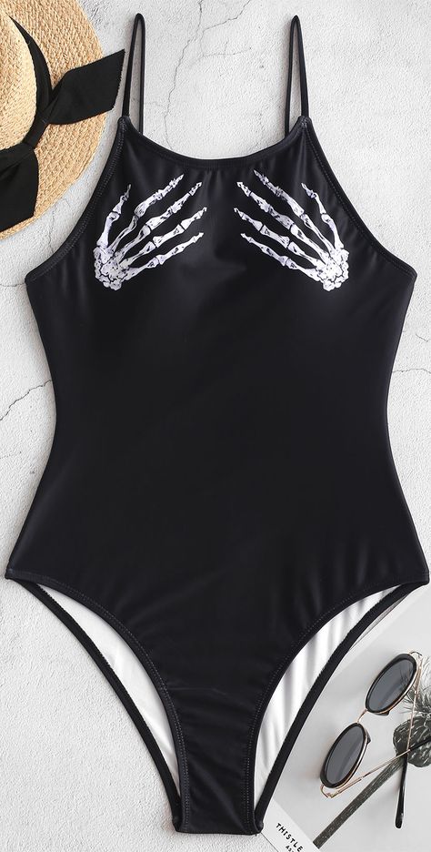 【Use Code: ZFPIN for everything 18% off 】 Style: Fashion,Sexy  Swimwear Type: One-piece  Gender: For Women  Material: Polyester,Spandex  Bra Style: Padded  Support Type: Wire Free  Collar-line: Spaghetti Straps  Pattern Type: Skeleton  Decoration: Backless,High Cut Witchy Summer, Custom Bathing Suits, Halloween Skeleton Hand, Zaful Swimwear, Alt Clothes, Backless Swimsuit, Bra Style, Skeleton Hand, Halloween Skeleton