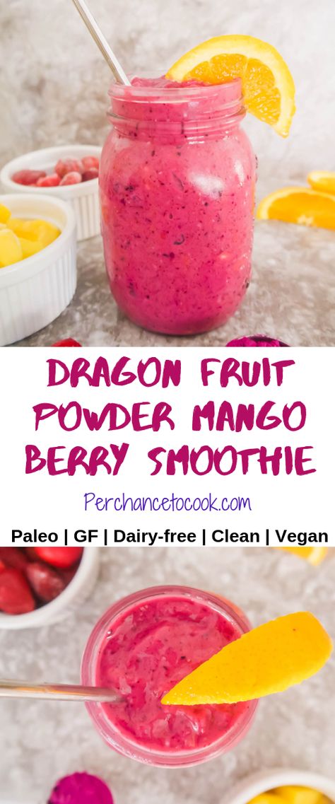 Dragon Fruit Powder Mango Berry Smoothie (Paleo, GF) | Perchance to Cook, www.perchancetocook.com Dragon Fruit Powder, Dragon Fruit Drink, Paleo Smoothies, Pitaya Smoothie, Frozen Fruit Recipes, Dragon Fruit Smoothie, Healthy Fruit Smoothies, Fruit Powder, Fruit Smoothie Recipes Healthy