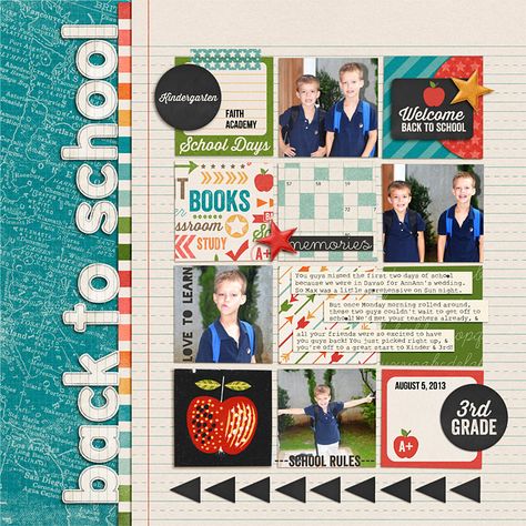 Very cute back to school scrapbook page! Love everything about this page! Classroom Scrapbook Ideas, Elementary Scrapbook Ideas, School Layouts, Scrapbook School, School Scrapbook Layouts, Graduation Scrapbook, Photo School, Scrapbook Pictures, Photo Layout