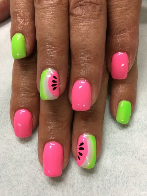 Summer Bright Pink Neon Green Watermelon gel nails Bright Summer Gel Nails, Bright Gel Nails, Summer Nails Neon, Tech Videos, Nails Opi, Gel Nail Polish Colors, Best Gel Nail Polish, Summer Gel Nails, Bright Summer Nails