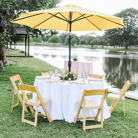 Outdoor Wedding Umbrella Tables, Round Tables With Umbrellas Party, Round Table With Umbrella Centerpiece, Umbrella Table Centerpiece, Umbrella Centerpiece, Party Tent Wedding, Texas College, Umbrella Table, Table Rentals