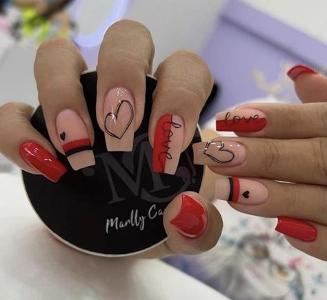 Red Valentines Nails Short, Gel Toe Nails, Heart Nail Designs, Acrylic Nails Coffin Short, Short Acrylic Nails Designs, Heart Nails, Coffin Nails Designs, Fancy Nails, Dope Nails