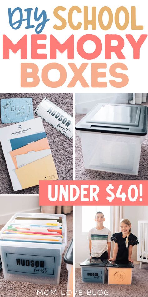 Easy DIY school memory boxes. School Picture Keepsake Ideas, Diy School Memory Box Ideas, School Work Memory Boxes, Storage For Kids School Work, Kids School Memory Box Ideas, Memory File Box For Kids, School Years Memory Keeper, School Keepsake Ideas, School Year Memory Boxes