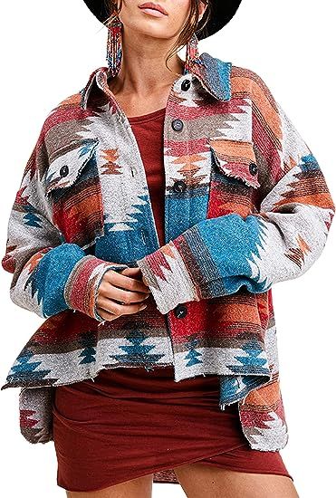 Springrain Womens Aztec Print Shacket Lapel Long Sleeve Button Down Shirt Jacket Aztec Jacket, Woolen Coat Woman, Overalls Casual, Autumn Jacket Women, Long Peacoat, Purple Floral Dress, Distressed Shirt, Coat Vintage, Evening Dresses Elegant