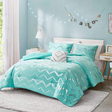 Silver Comforter Set, Aqua Comforter, Silver Bedding, Gold Comforter, Turquoise Bedding, Teal And Silver, Queen Size Comforter Sets, Dorm Design, King Comforter Sets