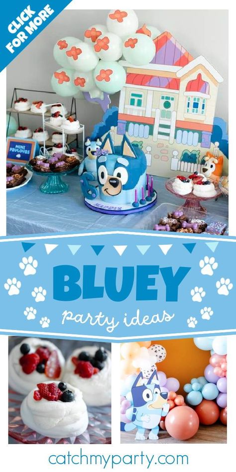 Check out this fun Bluey birthday party! The cake is incredible! See more party ideas and share yours at CatchMyParty.com Bluey Birthday Party Ideas Cake, Bluey Snacks For Party, Bluey Themed Snacks, Bluey Recipes, Bluey Desserts, Bluey Birthday Party Food Ideas, Bluey Birthday Party Ideas Food, Bluey Party Food Ideas, Bluey Birthday Cake For Boys