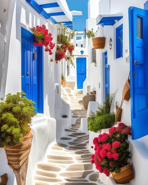 Mykonos, Greece Greece Inspired Home, Greek Homes, Greece House, Grecia Santorini, Greek Garden, Moroccan Theme, Greek Blue, Painted Coffee Tables, Gorgeous Doors