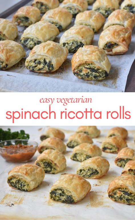 These delicious spinach and ricotta rolls make the easiest vegetarian mid-week dinner. The cheesy spinach filling is a lighter take on traditional sausage rolls without compromising taste! Ricotta Spinach Recipes, Spinach And Ricotta Rolls, Spinach Ricotta Rolls, Spinach Feta Rolls, Spinach Ricotta Pastry Puffs, Spinach Ricotta Puff Pastry, Spinach And Ricotta Pastries, Veggie Sausage Rolls, Spinach And Feta Sausage Rolls