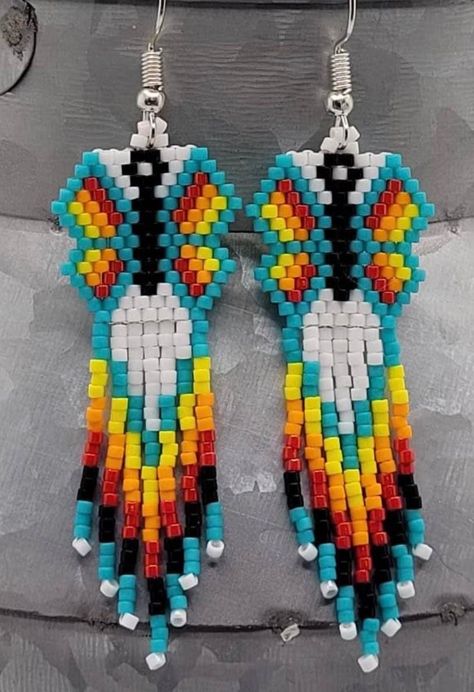 Delica Beaded Earrings Native, Native American Beaded Earrings Pattern Brick Stitch, Delica Beads Patterns Free, Delica Beaded Earrings Free Pattern, Native American Beaded Earrings Pattern, Brick Stitch Pattern Earring, Anting Manik, Native American Beadwork Patterns, Native Beading