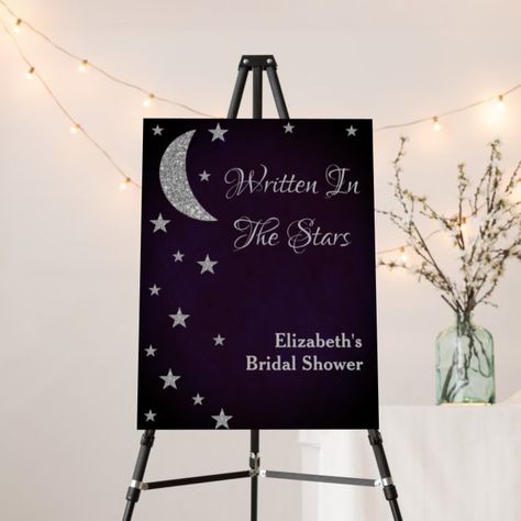 Written in the stars bridal shower. Silver moon and stars against a dark midnight purple background #ad Star Bridal Shower Theme, To The Moon And Back Bridal Shower Ideas, Starry Night Bridal Shower Ideas, Written In The Stars Bridal Shower Theme, Bridal Shower Quotes, Magic Wedding, Midnight Purple, Shower Foam, Written In The Stars