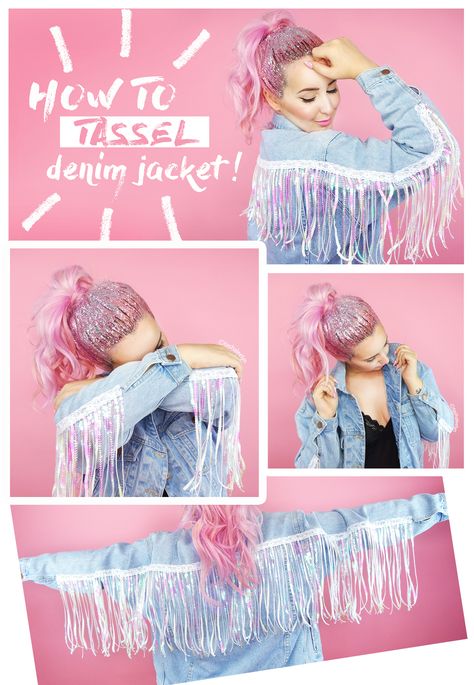 Diy Festival Clothes, Diy Festival Outfit, Ugly Christmas Sweater Outfit, Diy Sequin, Jean Jacket Diy, Christmas Sweater Outfits, Glitter Jacket, Tassel Jacket, Diy Denim Jacket