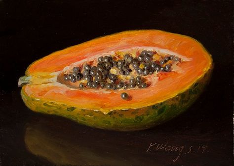 Youqing Wang Papaya Painting, Object Painting, Papaya Art, Botanical Study, Vegetable Painting, Painting A Day, Fruit Kitchen, Fruits Photos, Lemon Art