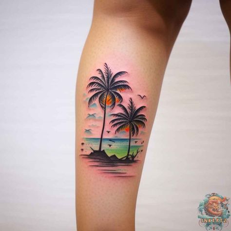 Unleashing the Tropical Vibe: The Beauty and Symbolism of Palm Tree Tattoos: 52 Designs - inktat2.com Palm Tree Water Tattoo, Wave With Palm Tree Tattoo, Palm Tree Flamingo Tattoo, Palm Tree Ocean Tattoo, Jimmy Buffet Tattoo, Tropical Tattoos For Women, Seaside Tattoo, Beach Tattoos For Women, Keys Tattoo