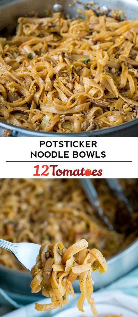 12 Tomatoes Potsticker Noodle Bowls, Pot Sticker Bowl Recipe, Potsticker Rice Bowl, Pot Sticker Noodles, Ground Turkey Rice Noodle Recipes, Ground Chicken Rice Noodles, Ground Turkey Rice Noodles, Pot Sticker Bowl, Potsticker Noodle Bowl 12 Tomatoes