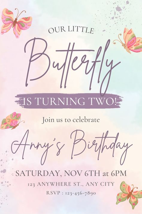 Add a magical touch to your child's birthday party with our butterfly-themed invitation card template. Perfect for a garden or fairy-themed party, it's sure to bring smiles before the party even begins! Butterfly Themed Birthday Party, Butterfly Invitations, Bday Invitations, 2nd Birthday Invitations, Butterfly Theme, Butterfly Birthday, Birthday Template, Printable Birthday Invitations, Invitation Card