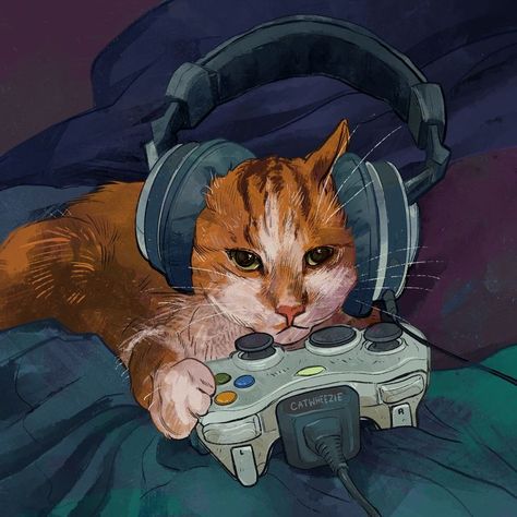 Gamer Cat, Orange, Art