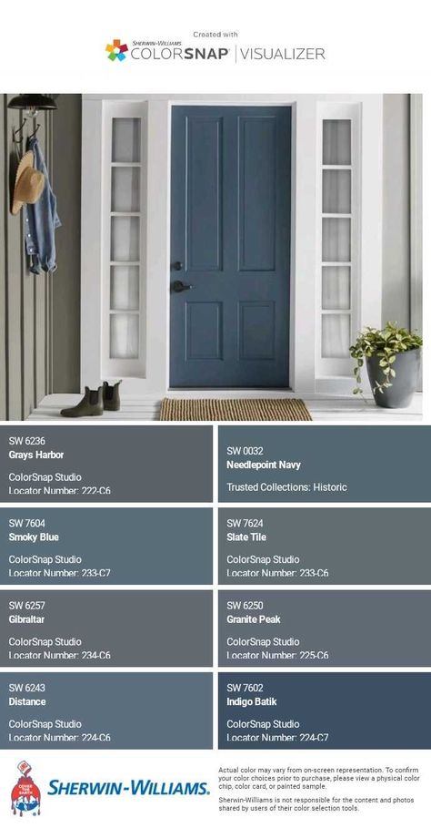 Blue Door Exterior House Colors, Grey Blue Door Exterior, Gray House Navy Door, Slate Blue Door Color, Front Door Colors Gray Siding, Blue Front Doors Sherwin Williams, Sw Blue Exterior Paint Colors, Front Door Colors With Light Blue Siding, Exterior House Colors With Blue Door