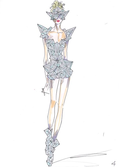 Giorgio Armani for Lady Gaga (Costume for Bad Romance) ahhh!!!! Saw this at the concert!!!! Gorgeous!!!!! Lady Gaga Costume, Lady Gaga Fashion, Origami Fashion, Geometric Fashion, Fashion Illustration Sketches Dresses, Sketches Dresses, Fashion Sketchbook, Fashion Sketch, Fashion Illustration Sketches