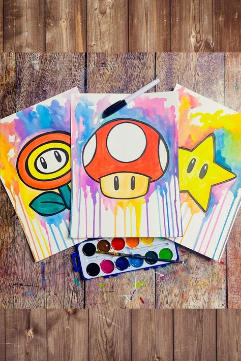 Learn how to paint these fun Mario Power Ups! Mario Art Painting, Nintendo Painting Ideas, Easy Mario Painting, Video Game Art Projects, Gaming Painting Ideas, Super Mario Painting Ideas, Mario Painting Ideas, Mario Painting Canvases, Mario Bros Painting