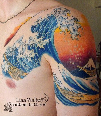 Wave Tattoo Chest, Japanese Wave Tattoo, Japanese Wave Tattoos, Wellen Tattoo, Japanese Meaning, Tattoos Japanese, Meaning Tattoos, Wave Tattoo Design, Tattoo Chest