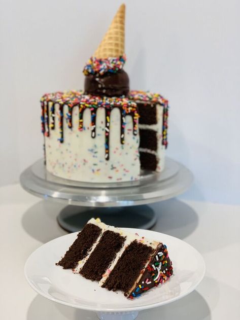 I know this style’s nothing new, and these cakes have been made in a ton of different styles tons of times before...but as summer kicks off I felt like I had to make ONE MORE ‘Melting Ice Cream’ cake with a fun confetti flair!For as fun and fancy as it looks, it's actually really simple to put together once all the pieces are made!Recipes and instructions are below! I added in a boxed cake mix to make the ‘cake pop’ ice cream scoop – I did this to make sure there would be enough cake p… Ice Cream Melting Cake, Melted Ice Cream Cake Recipe, Melted Ice Cream Cone Cake, Ice Cream Decorated Cake, Homemade Birthday Cake Ice Cream, Cake Pop Ice Cream, Melted Ice Cream Cake, Melting Ice Cream Cone Cake, Melting Ice Cream Cake