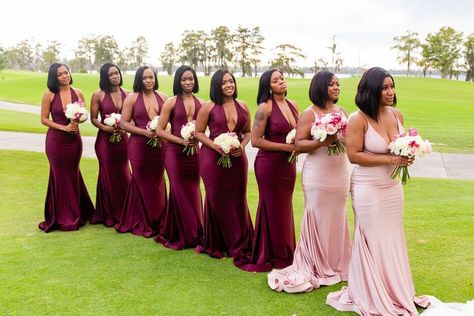 Maroon Blush Pink Ivory Wedding, Rose Gold And Burgundy Maid Of Honor Dress, Maroon Blush Ivory Champagne Wedding, Rose Pink And Champagne Wedding, Champagne Pink And Burgundy Wedding, Burgundy Blush Pink And Ivory Wedding, Maroon Bridesmaid Dresses Black Women, Rose Gold And Burgundy Wedding Theme Dresses, Burgundy Blush And Champagne Wedding