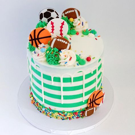 Clare 👩🏻‍🍳 (@cflenna) posted on Instagram: “It’s always harder for me to decide how to decorate a boys cake since my usual go to is sparkle and glitter but stripes, sprinkles and a…” • May 31, 2020 at 1:45pm UTC Sports Theme Cakes Boys, Sports Cake Ideas, Blake Brown, Kickball Party, Sports Birthday Cakes, Sports Cake, Sports Themed Cakes, Boys Cake, 5th Birthday Cake