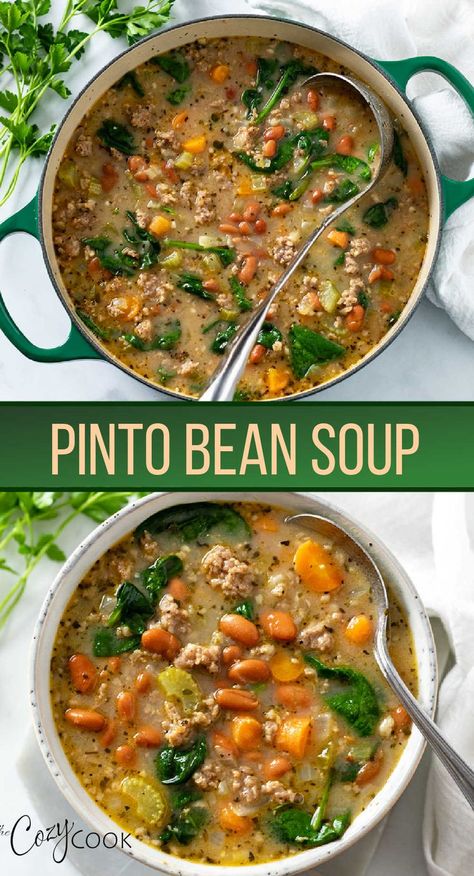 pinto bean soup in a pot with mixed vegetables Dry Pinto Beans Recipe, Leftover Pinto Bean Recipes, Dried Pinto Bean Recipes, Bean Soup Recipes Healthy, Vegan Pinto Bean Soup, Healthy Bean Soup, 15 Bean Soup Instant Pot, Spicy Bean Soup, Pinto Bean Soup Recipes